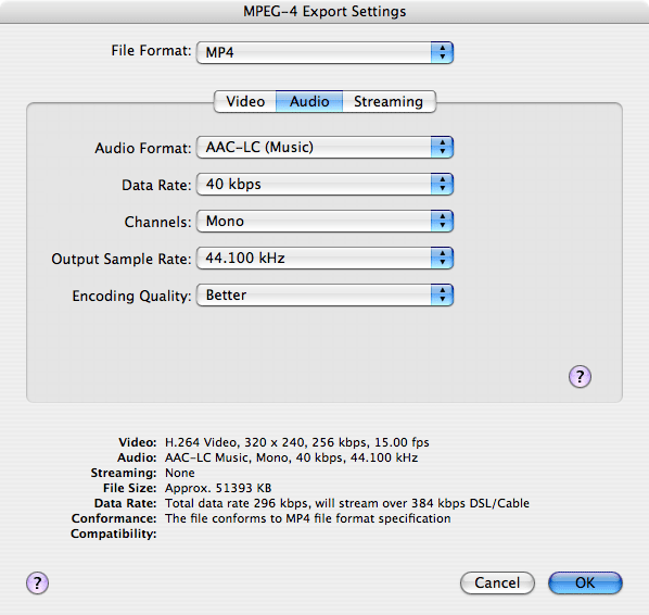 H.264 Audio Options
